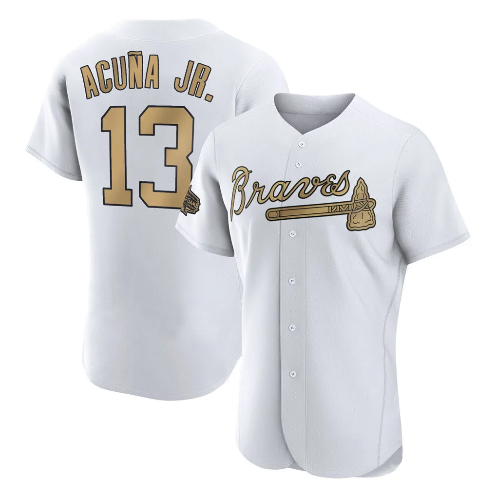 Atlanta Braves #13 Ronald Acuna Jr Player White-Gold All-Star Limtied Elite Home Game Stitched Baseball Jersey