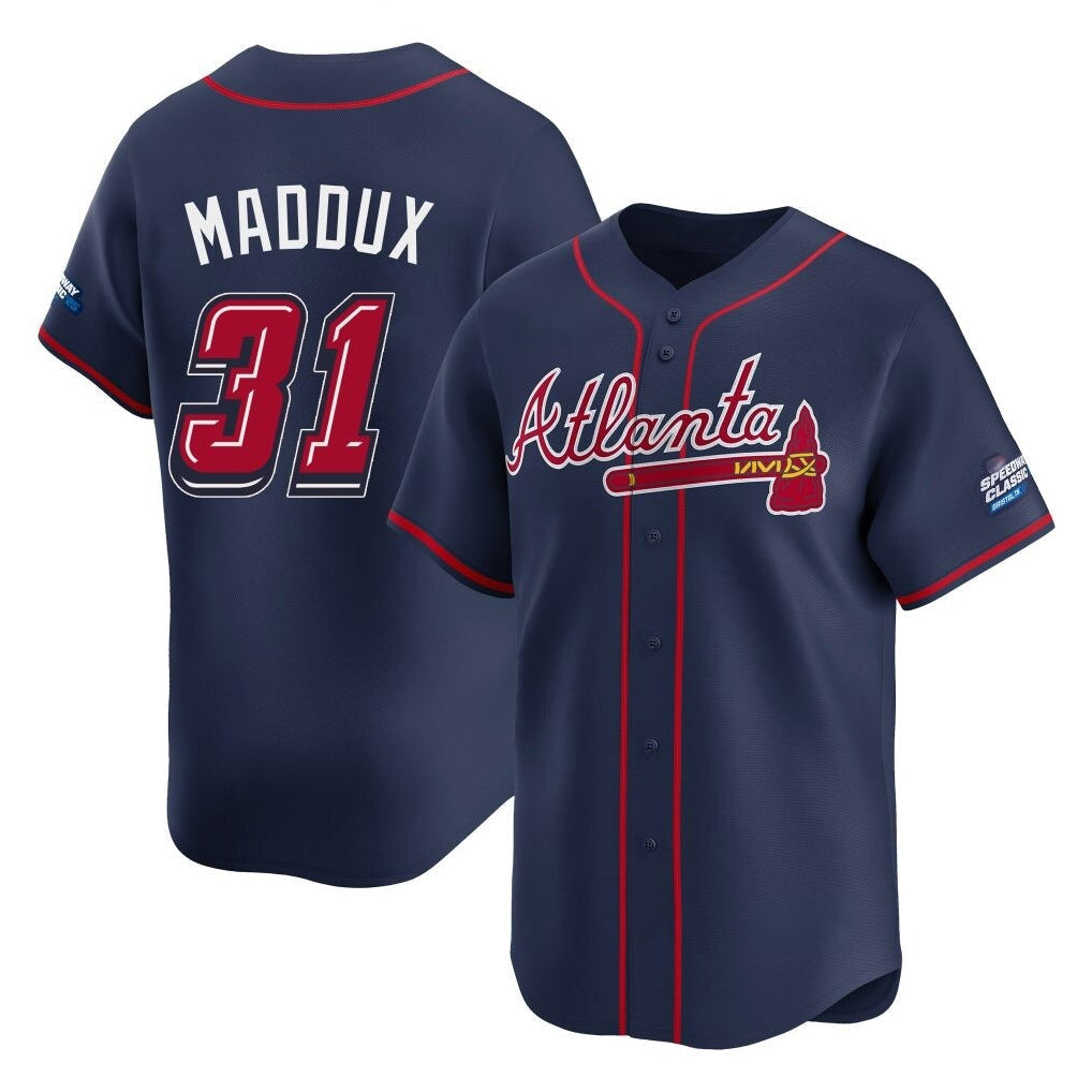 Atlanta Braves #31 Greg Maddux Player Navy 2025 Speedway Classic Home Game Stitched Baseball Jersey