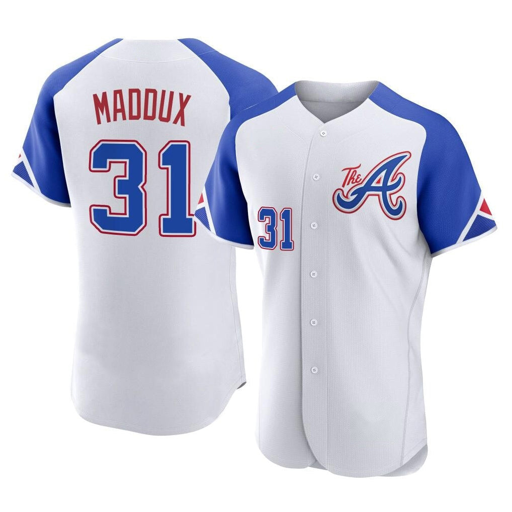 Atlanta Braves #31 Greg Maddux Player White City Connect Limited Elite Home Game Stitched Baseball Jersey