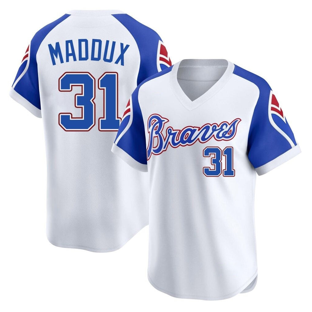 Atlanta Braves #31 Greg Maddux Player White Throwback Cooperstown Collection T-shirt Game Stitched Baseball Jersey