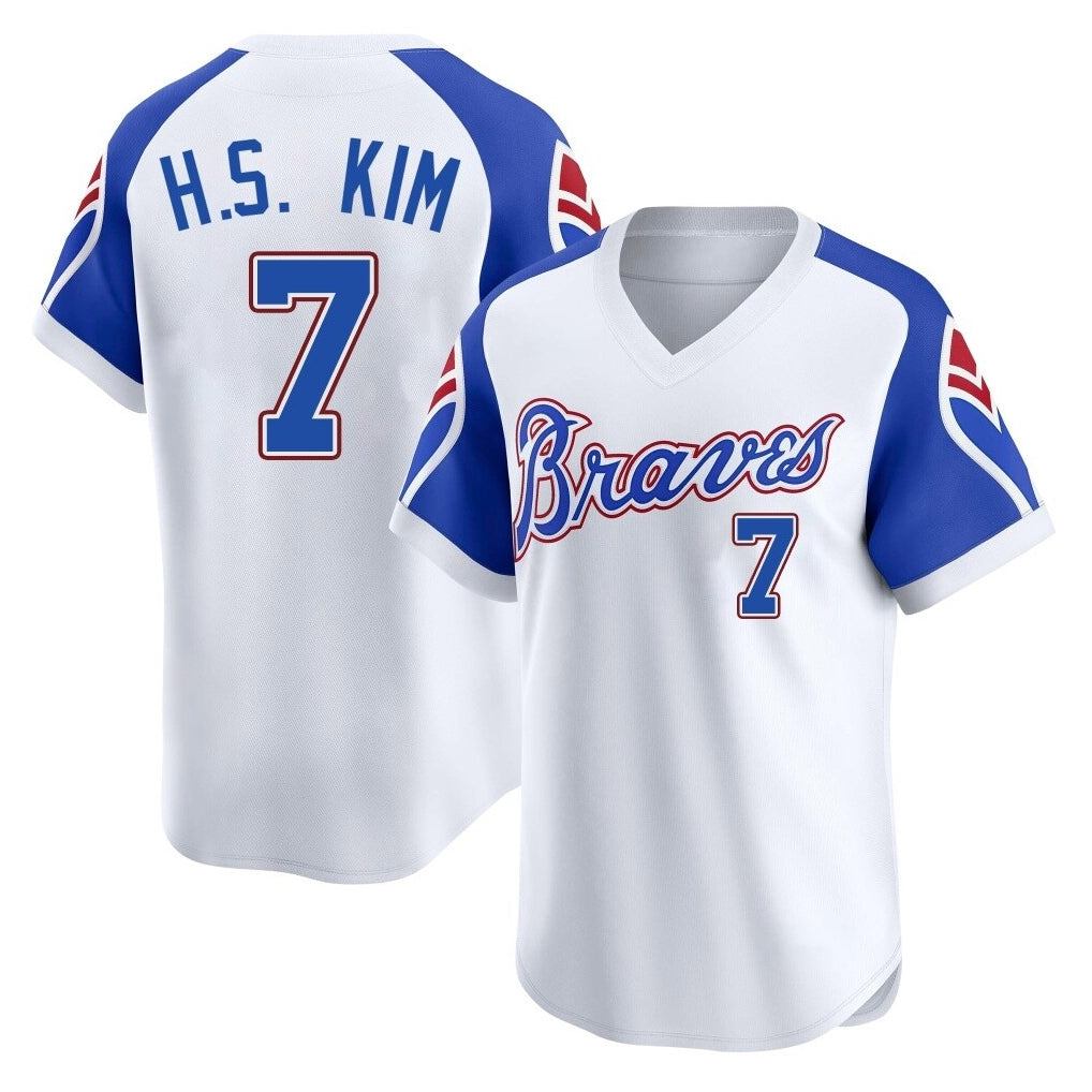 Atlanta Braves #7 Ha-Seong Kim Player White Throwback Cooperstown Collection T-shirt Game Stitched Baseball Jersey