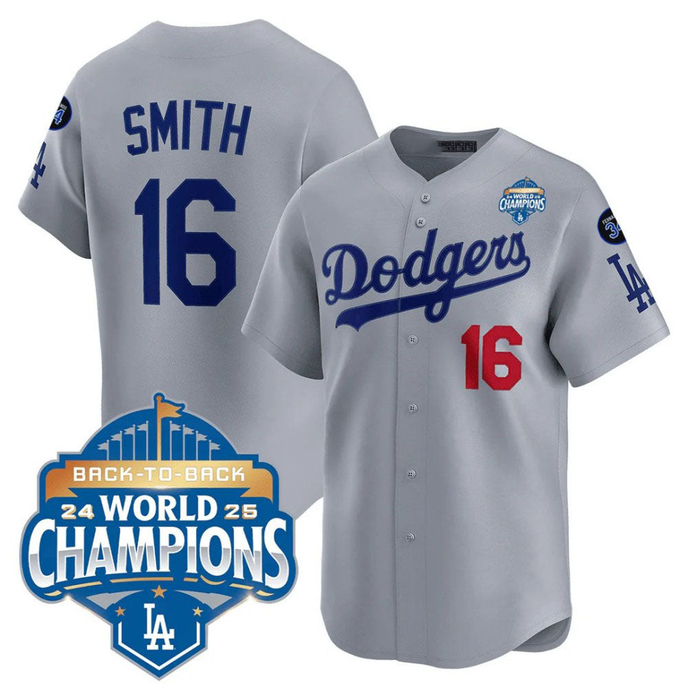 Los Angeles Dodgers #16 Will Smith Gray 2025 Back-To-Back World Series Champions Jersey