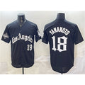Los Angeles Dodgers #18 Yoshinobu Yamamoto Black LA Gothic Style With 2025 World Series Champions Patch Baseball Jersey