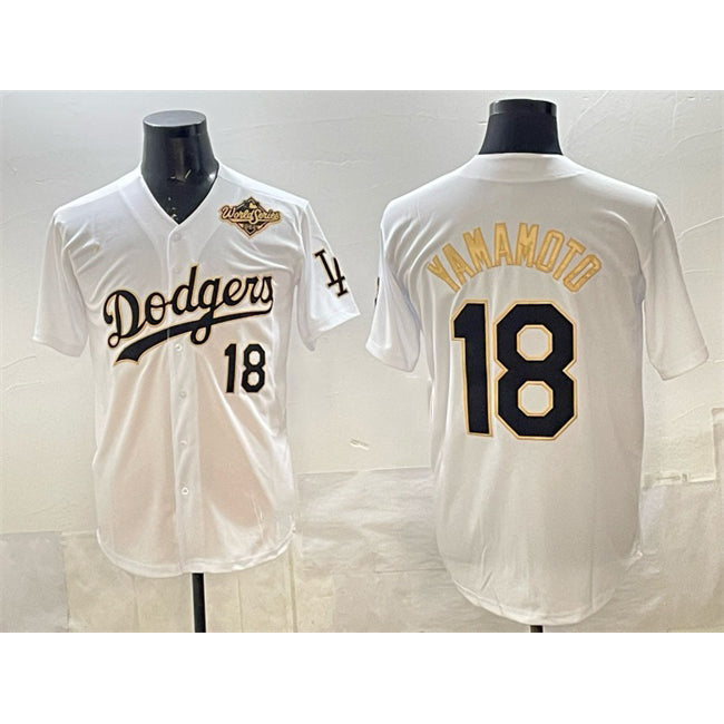 Los Angeles Dodgers #18 Yoshinobu Yamamoto White Gold 2025 World Series Patch Limited Stitched Baseball Jersey