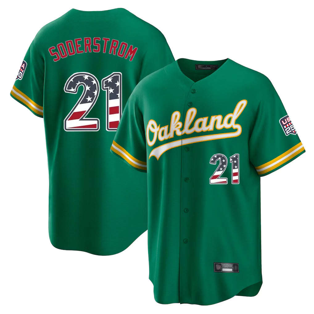 Oakland Athletics #21 Tyler Soderstrom Player Kelly Green USA 250 Fourth of July Home Game Stitched Baseball Jersey