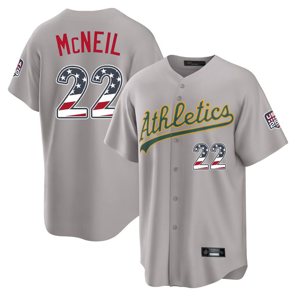 Oakland Athletics #22 Jeff McNeil Player Gray USA 250 Fourth of July Home Game Stitched Baseball Jersey
