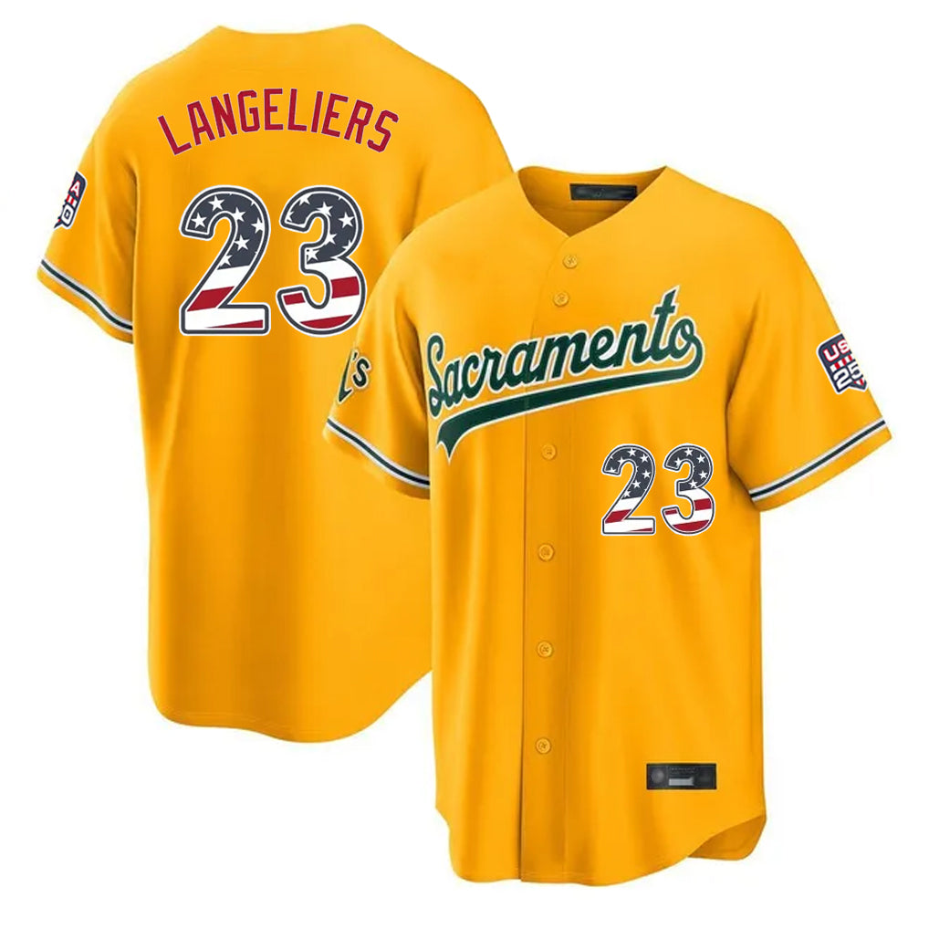 Oakland Athletics #23 Shea Langeliers Player Gold USA 250 Fourth of July Home Game Stitched Baseball Jersey
