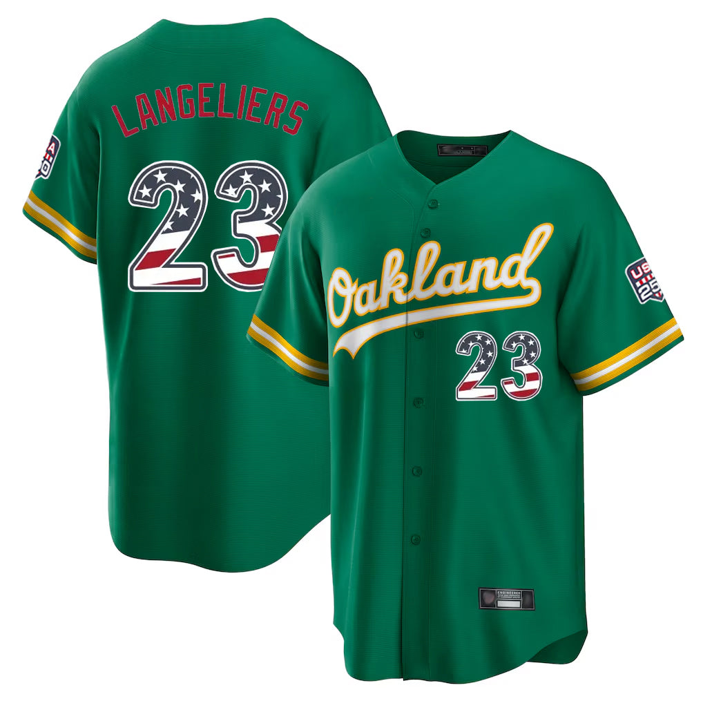 Oakland Athletics #23 Shea Langeliers Player Kelly Green USA 250 Fourth of July Home Game Stitched Baseball Jersey