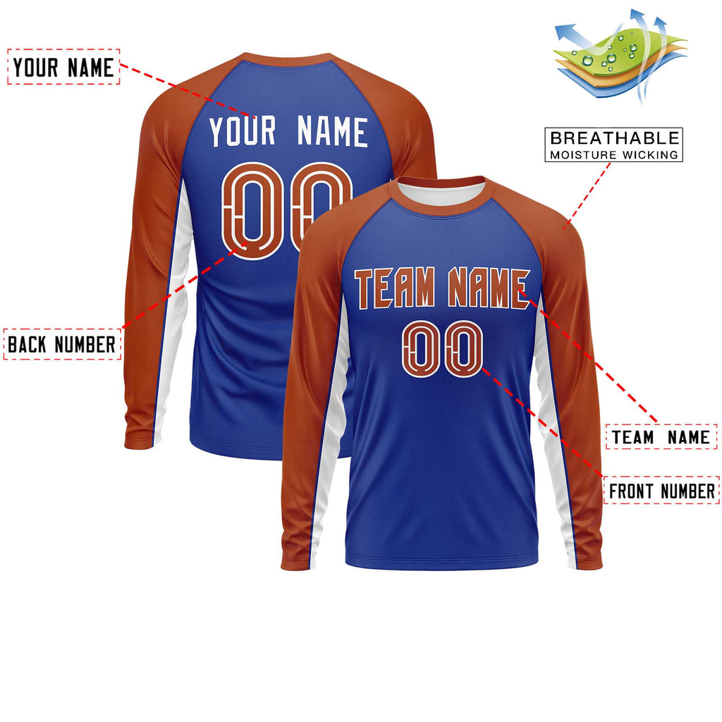 Custom Royal Texas Orange Crew Neck Raglan Long Sleeve Performance T-Shirt