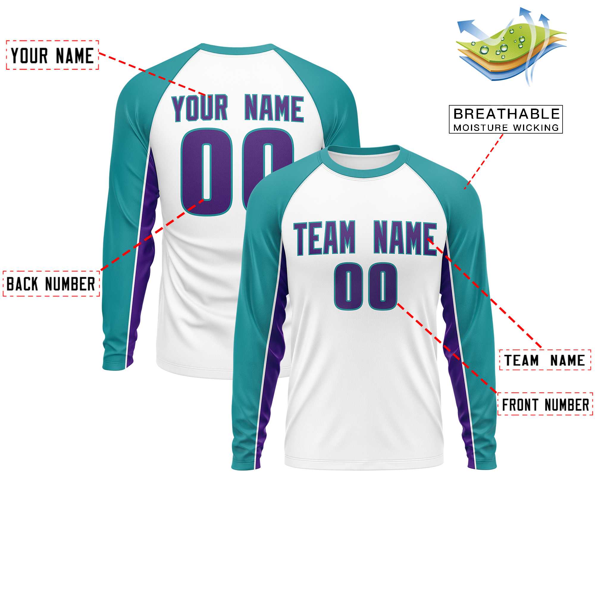 Custom White Aqua Crew Neck Raglan Long Sleeve Performance T-Shirt