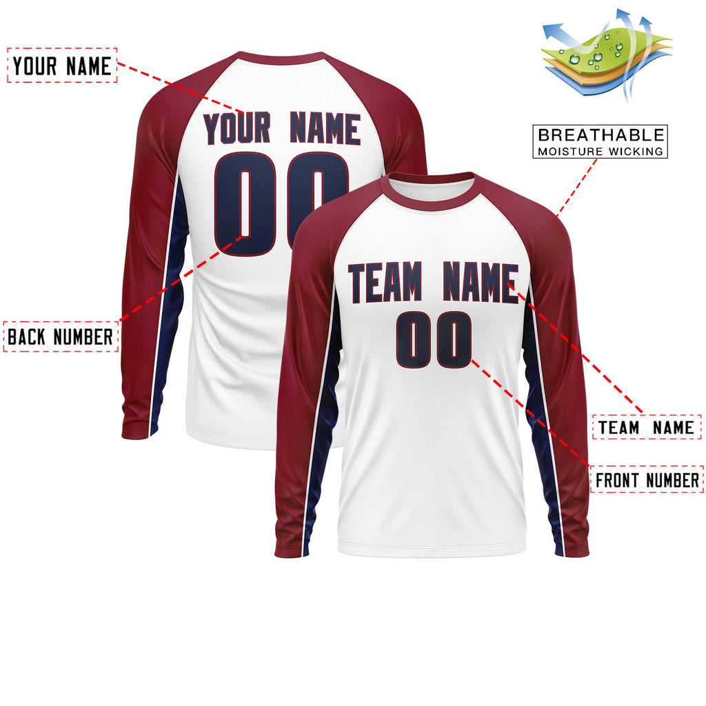 Custom White Crimson Crew Neck Raglan Long Sleeve Performance T-Shirt