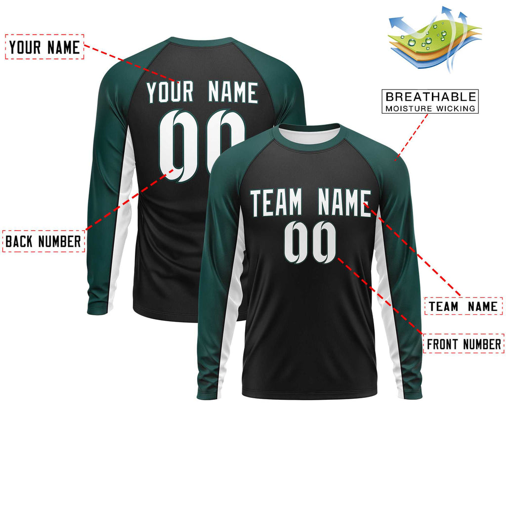 Custom Black Midnight Green Crew Neck Raglan Long Sleeve Performance T-Shirt