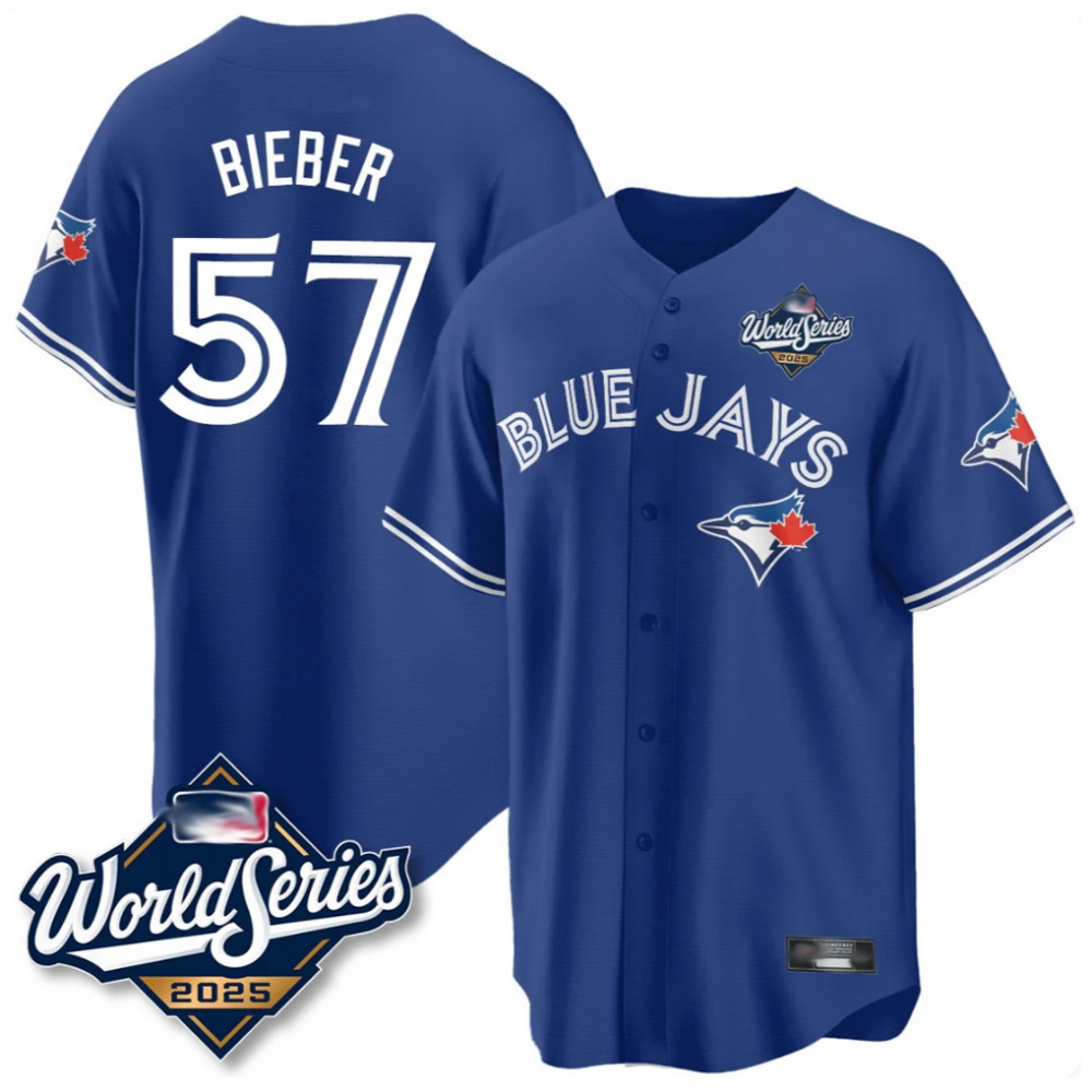Toronto Blue Jays #57 Shane Bieber Player Royal 2025 World Series Baseball Stitched Jersey