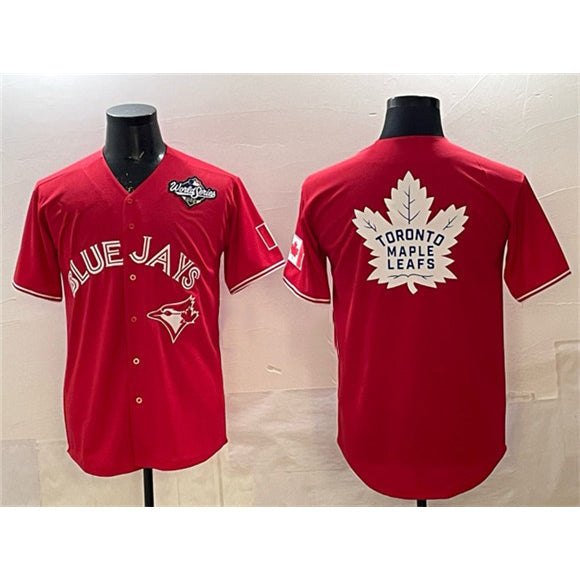 Toronto Blue Jays & Leafs Red 2025 World Series With White Leafs Logo Cool Base Stitched Baseball Jersey